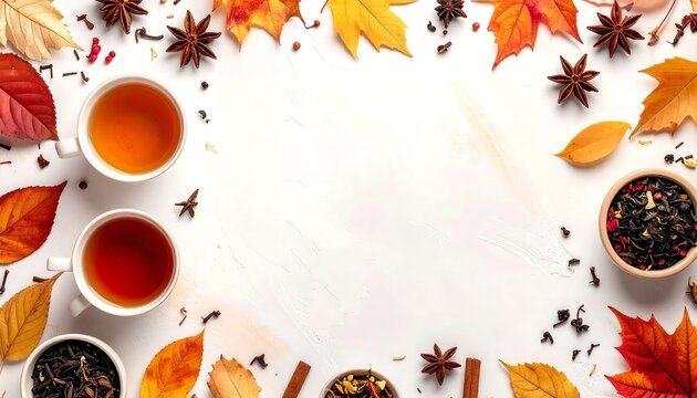 Autumnal beverage scene; teacups & fall leaves border a white background
