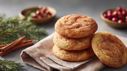 Soft cinnamon sugar cookies stacked on a napkin, photographed in natural light with pine branches, cinnamon sticks, and cranberries