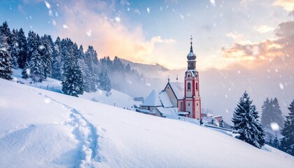 Picturesque winter landscape showcases a church nestled in snow-covered hills, surrounded by evergreen trees under a cloudy sky.