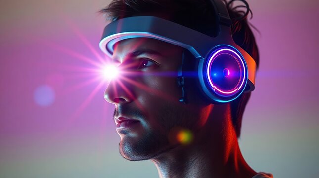 Man using futuristic headset with neon light. - Powered by Adobe