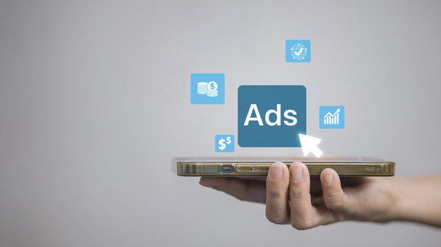 Mobile Ads &ndash; Smartphone with Floating Advertising Icons and ROI Growth