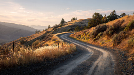 A winding gravel road travels through the golden hills of a rural landscape during a beautiful sunrise