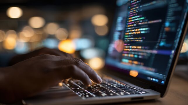 Person typing code on a laptop at night with blurred background lights