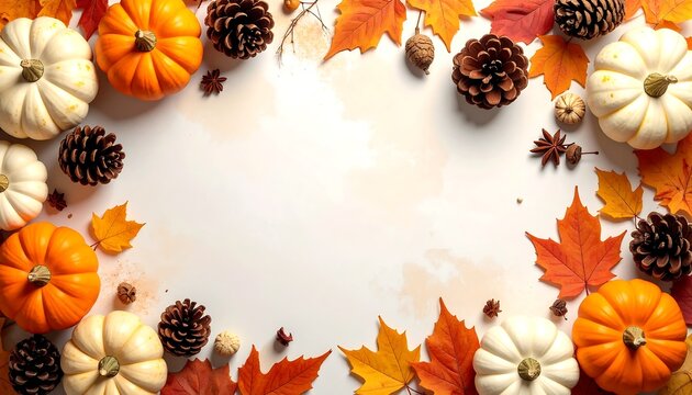 Autumnal border of pumpkins, leaves, and pine cones on a light background