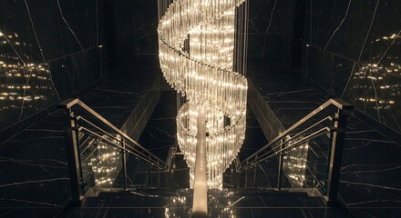 Obraz premium Elegant spiral chandelier illuminates a modern staircase with metal railings