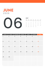 2026 Business calendar vector layout, Modern Minimal Wall Desk Monthly Planner Template for print or digital calendar. Week Starts Monday. Annual calendar layout design elements. Vertical. June.