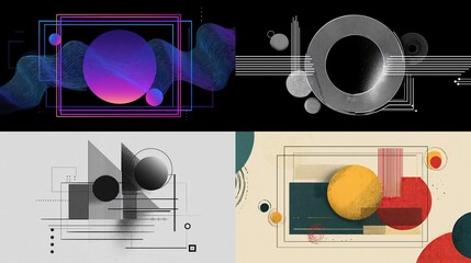 Abstract, geometric shapes collage circles, rectangles, lines on four distinct backgrounds