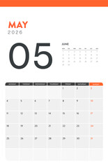 2026 Business calendar vector layout, Modern Minimal Wall Desk Monthly Planner Template for print or digital calendar. Week Starts Monday. Annual calendar layout design elements. Vertical. May.