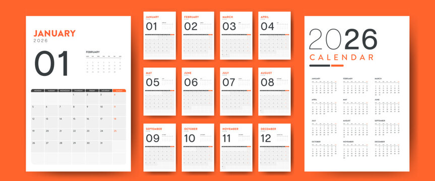 2026 Creative minimal business monthly Calendar template vector. Desk, wall calendar for print, digital calendar or planner. Week start on Monday. Simple modern annual calendar layout design elements. - Powered by Adobe