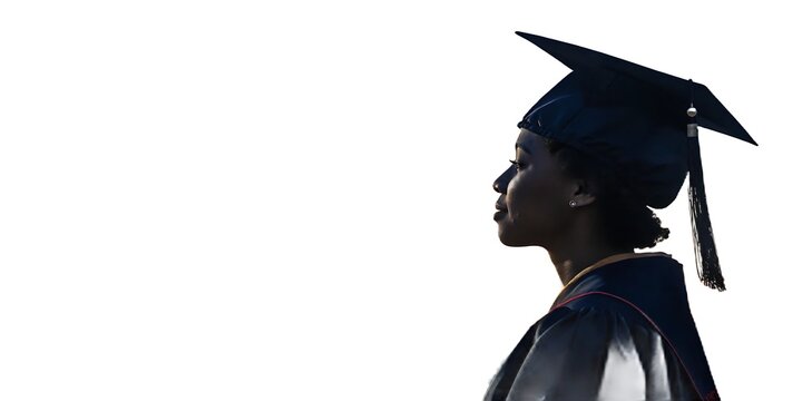 Silhouette of a determined graduate in a cap and gown looking forward with pride on a bright white background symbolizing achievement and future success