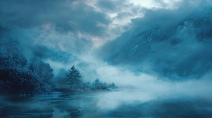 Fototapeta premium Misty mountain lake at dawn with fog drifting over calm waters and forested slopes