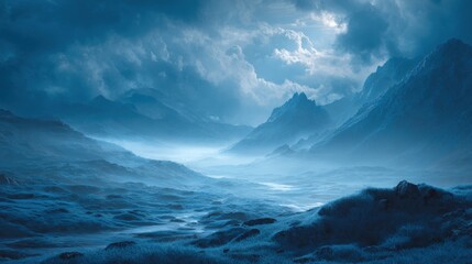 Majestic snow-covered mountain range under a dramatic cloudy sky at twilight