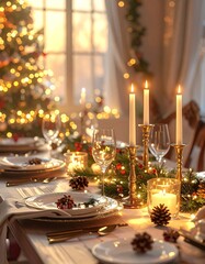 Warmly lit Christmas table setting with candles, greenery, and place settings