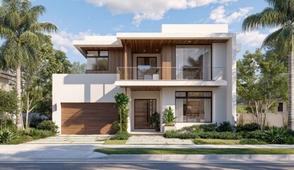 Modern two-story house with large , balcony, garage, and lush landscaping