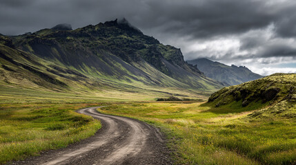 Fototapeta premium An empty gravel path curves through a lush landscape with rugged green mountains towering beneath dark moody clouds