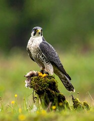 Falcon perched on mossy stump