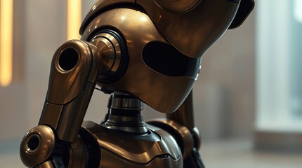 Golden Robot Closeup with Modern Interior.