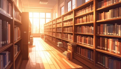 Obraz premium Warm, inviting library interior scene featuring rows of bookshelves filled with books, bathed in soft sunlight streaming through large windows, creating a tranquil and studious ambiance.