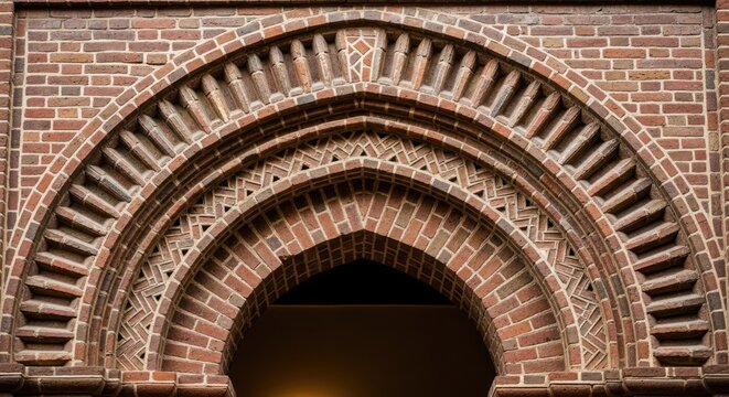 Arched brickwork detail with geometric patterns in architecture