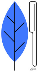Stylized blue leaf with black veins paired with a sleek L-shaped object. Ideal for ecology, sustainability, nature, innovation, minimalism, organic products, and clean design. A simple flat metaphor