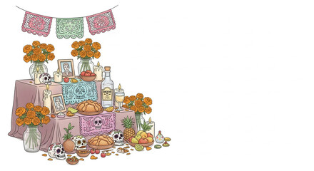 Traditional altar with offerings, Day of the Dead celebration scene  