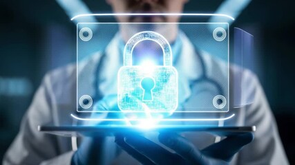 Doctor holding a digital tablet displaying a glowing padlock representing data security - Powered by Adobe