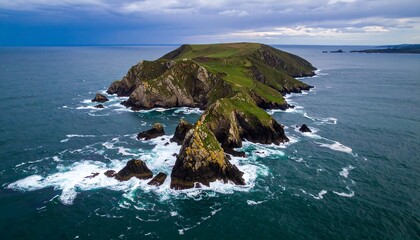 Scenic coastal isle, rugged cliffs, crashing waves