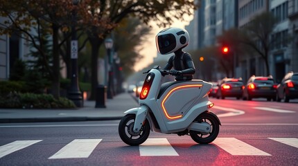 Robot riding electric scooter city street.