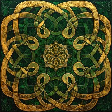 Ornate Celtic knot mandala; gold on rich green background