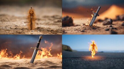 Mystical weapons emerge from arid landscapes, blending sword imagery with elemental magic.