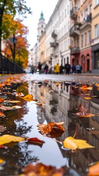 Autumnal city street reflected in a puddle with fallen leaves