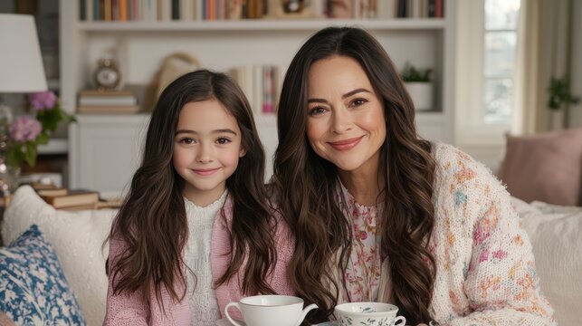 An intimate portrayal of a mother and daughter bonding during a peaceful tea time in their beautifully arranged living room. Their expressions reflect warmth and understanding, surrounded by books - Powered by Adobe