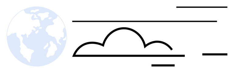 Earth globe with cloud and flowing lines emphasizing global reach, cloud computing, and streamlined communication. Ideal for technology, connectivity, internet, storage, efficiency, innovation