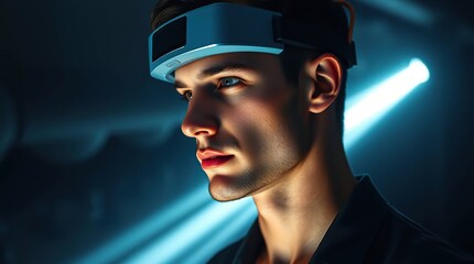 Man wearing futuristic headband with blue light.