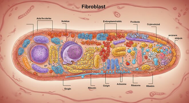Fibroblast cell diagram with labeled internal structures for science education