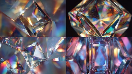 Macro view of several diamond facets, showcasing light refraction with abstract shapes.