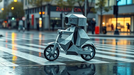 Robot riding scooter with city street.