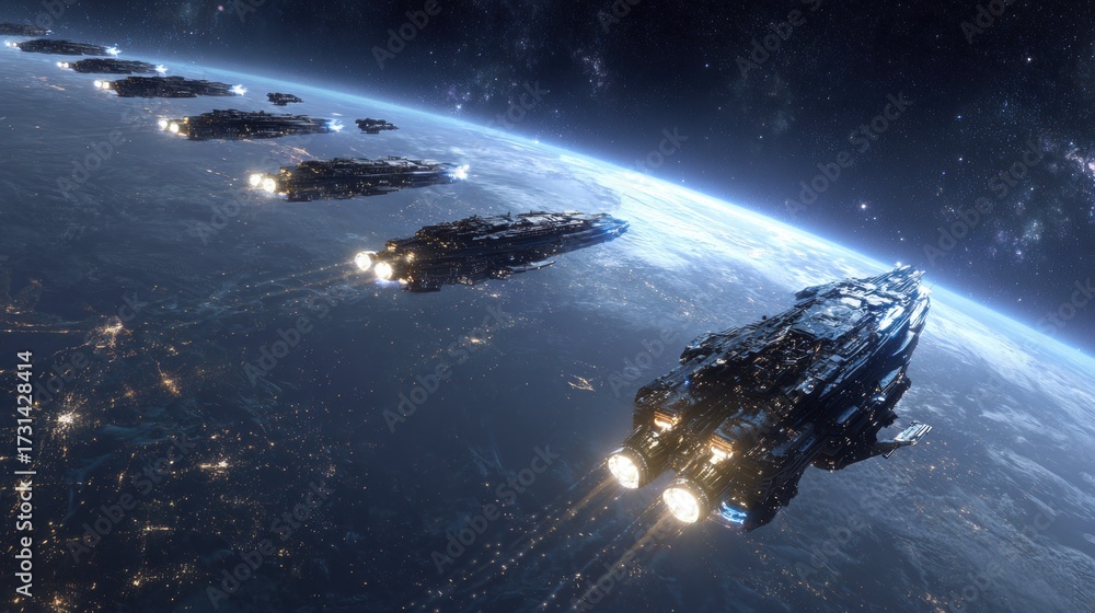 Wall mural fleet of spaceships orbiting a planet with illuminated cities below