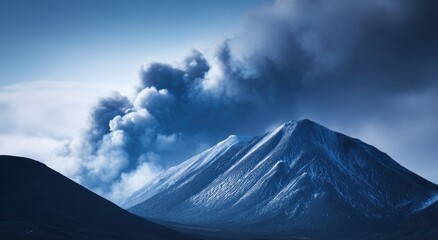 Fototapeta premium Erupting volcano with ash cloud over snowy mountain