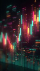Digital data visualization with colorful vertical bars and glowing lines on a dark background
