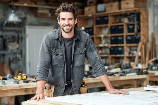 Professional carpenter smiling in workshop with tools and wood materials in the background