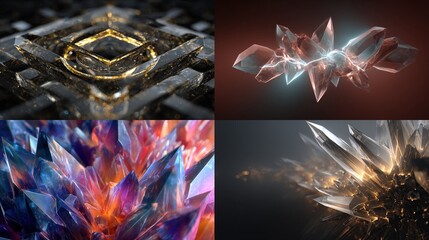 Four scenes showcase abstract, complex structures with crystalline, geometric elements.