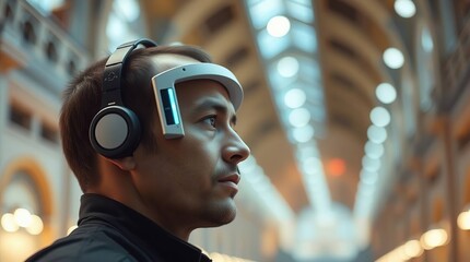 Man wearing futuristic headset with indoors.