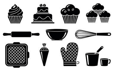 Collection of baking utensils and desserts silhouettes icon set for culinary arts and sweet treats