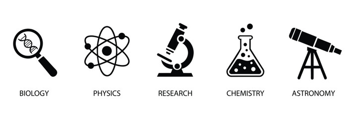 Black science icons of biology, physics, research, chemistry, and astronomy with labeled symbols for education, discovery, and academic themes © Zavivec