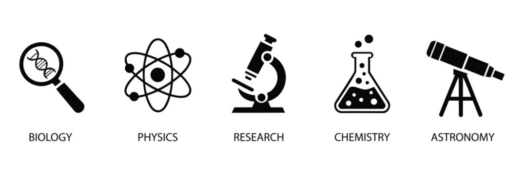 Black science icons of biology, physics, research, chemistry, and astronomy with labeled symbols for education, discovery, and academic themes