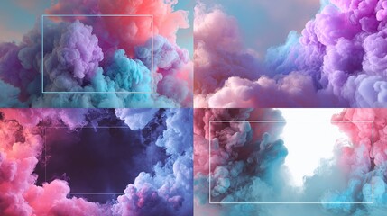 Four abstract renderings of vibrant colorful clouds with smoke and geometric framing.