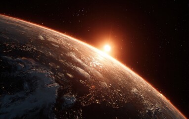 Experience the breathtaking sunrise over Earth with vibrant city lights twinkling beneath the clouds, a stunning view from space for any project