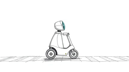 Robot riding scooter with sketch.