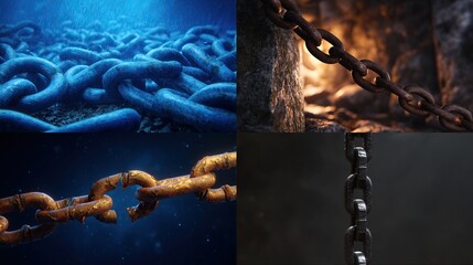 Chains Water, Rusty, Broken, Dark. Metallic links symbolize bondage, strength, restriction